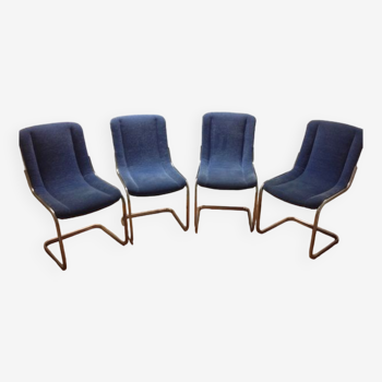 4 chaises bleues velours salon modèle unique pied tube chromé années 70