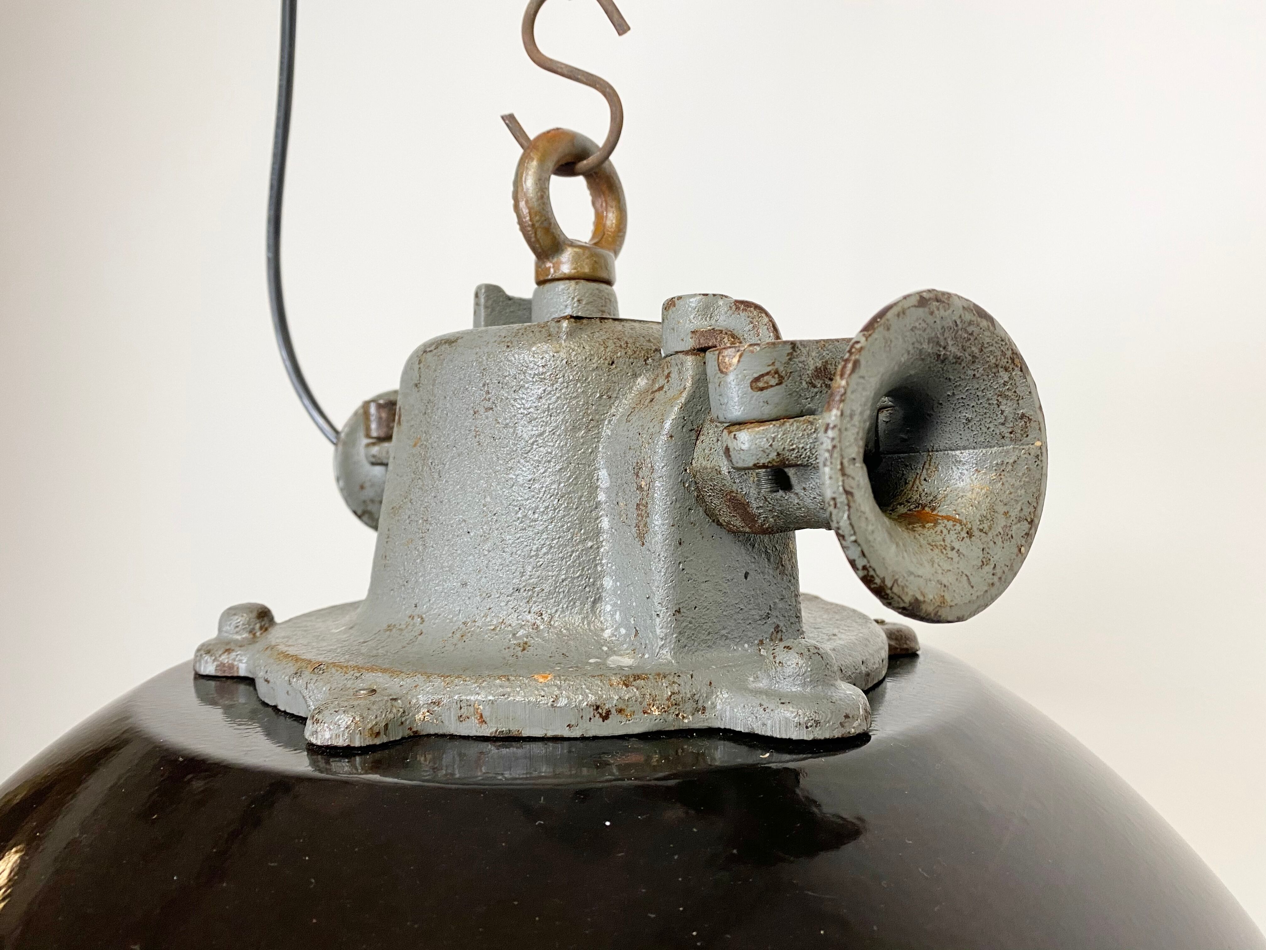 Black enamel and cast iron industrial cage pendant lamp, 1950