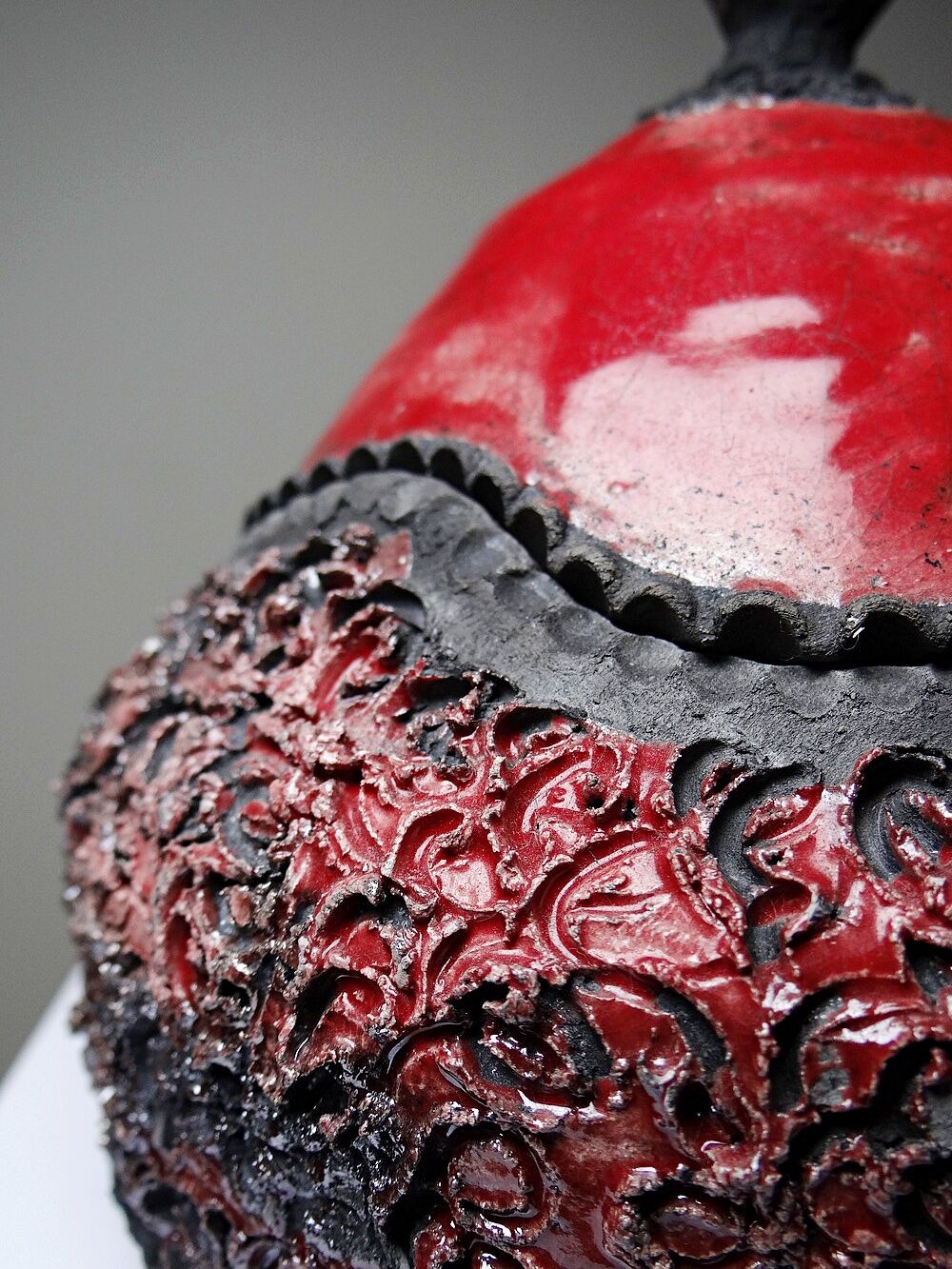 Vintage 2000s red and grey handmade raku jewellery box