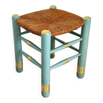 Straw stool revamped in water green and gold leaf