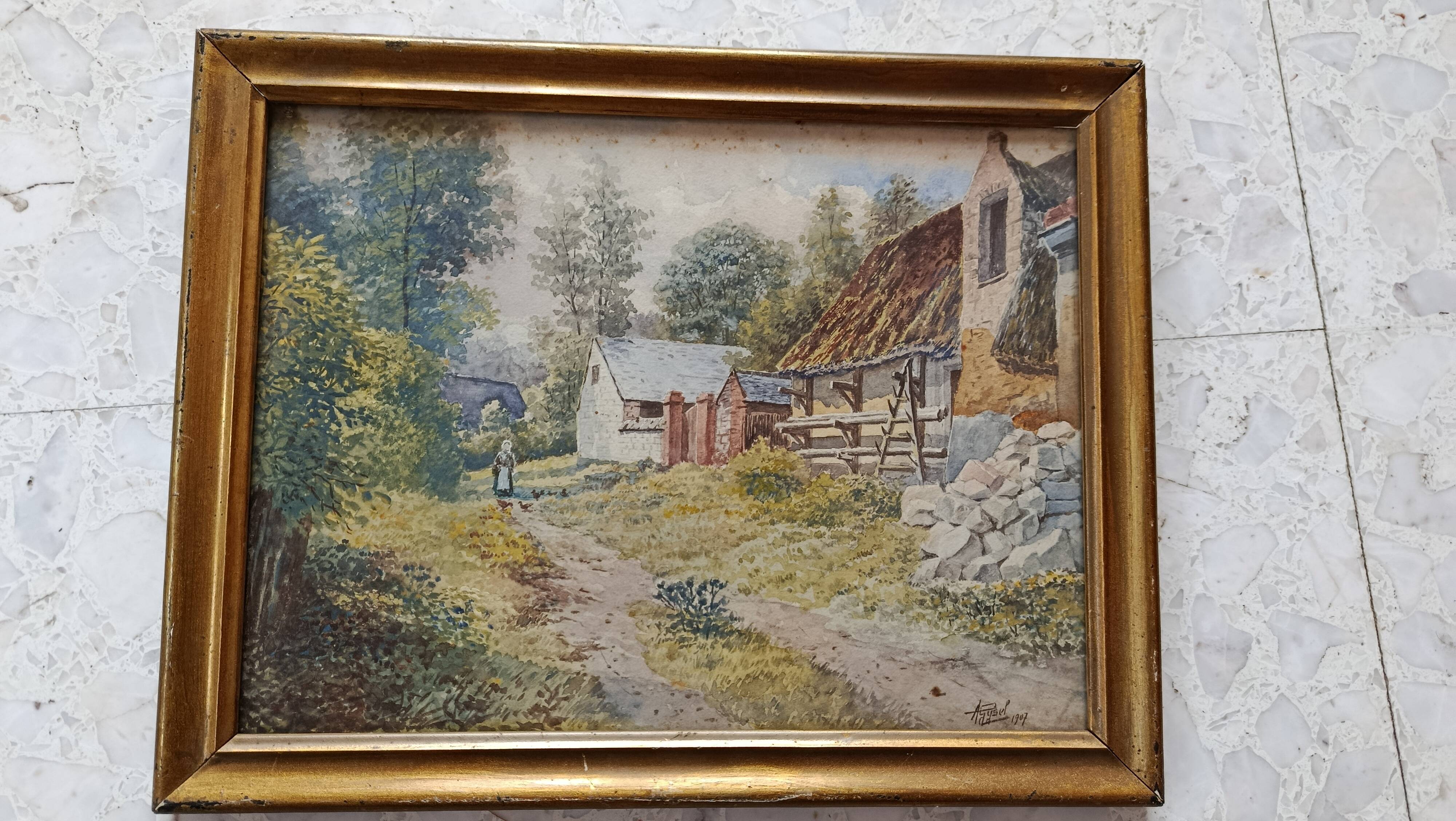 WATERCOLOR 1907 by Albert GYSEL Farm at LA MOTTE AU BOIS towards the North BOURRE