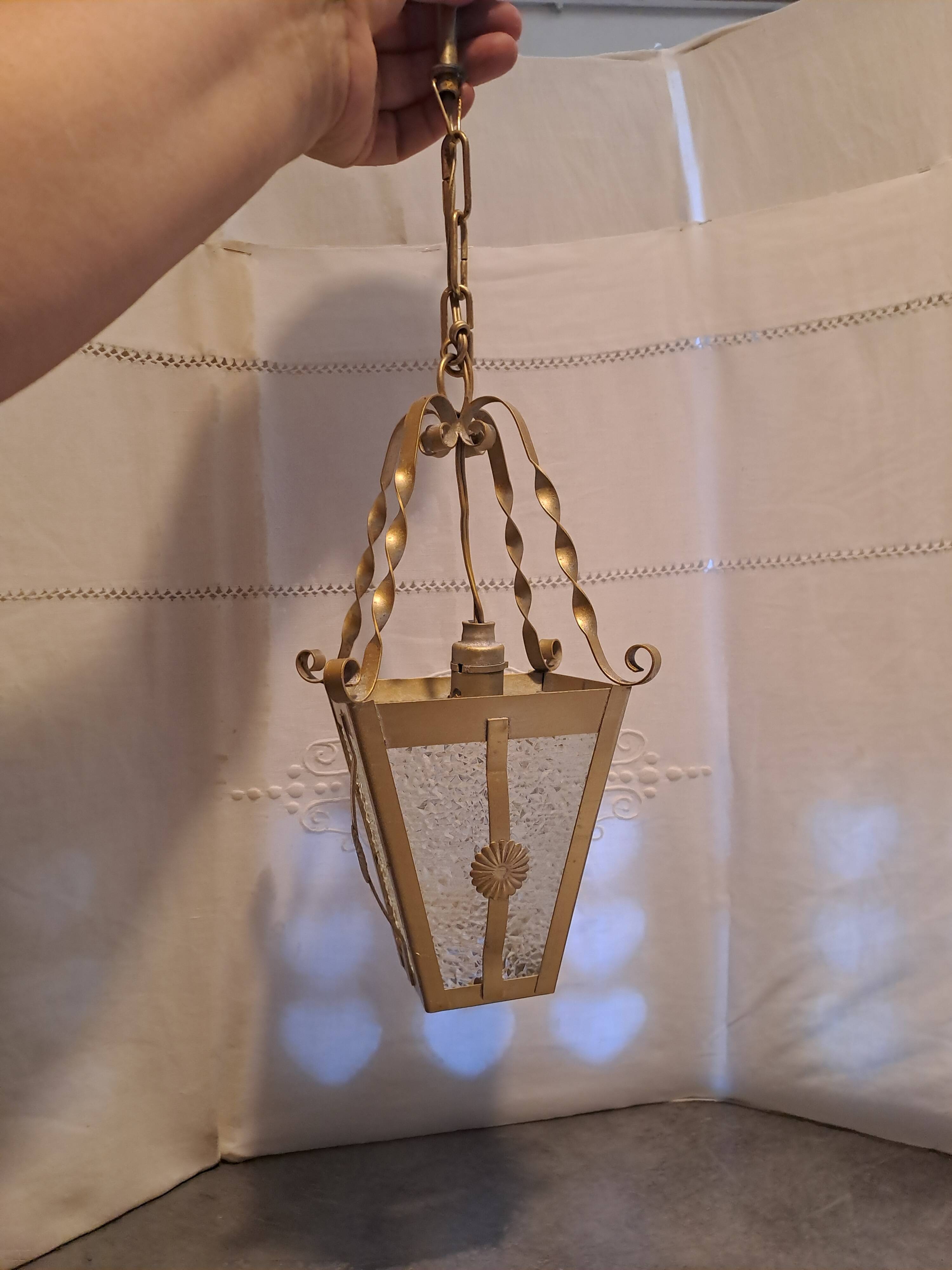 Interior pendant light Lantern ceiling light in gold metal and grained glass 1950 France