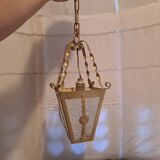 Interior pendant light Lantern ceiling light in gold metal and grained glass 1950 France