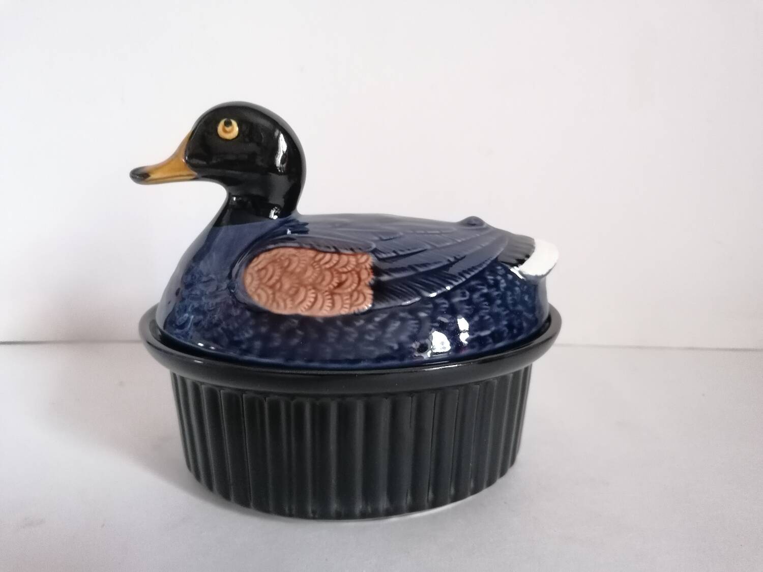 Zoomorphic duck terrine majolica slip