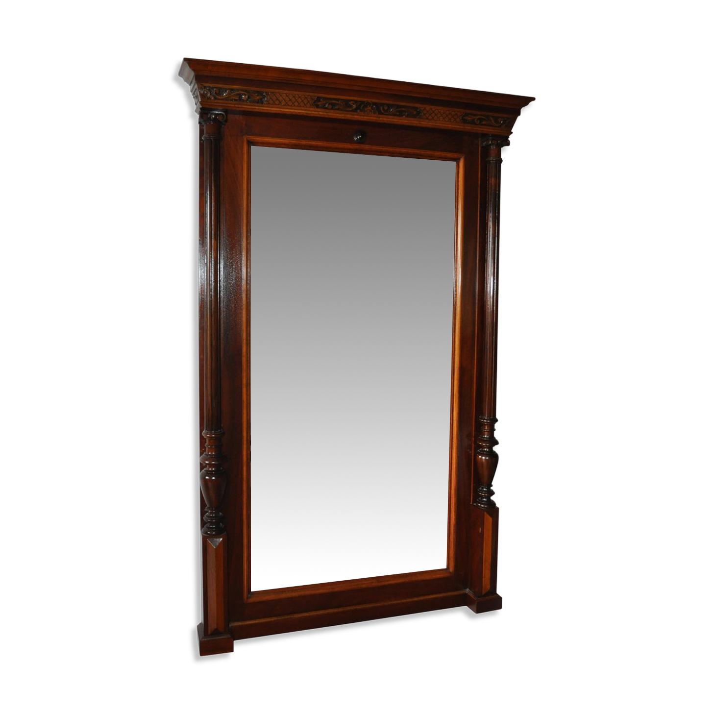 Grand miroir mural en acajou marron sculpté style classique XIXe siècle, glace d'origine