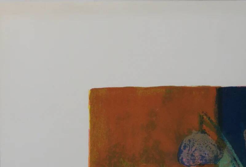 Paul Collomb: Bouquet on a blue background, signed original lithograph.