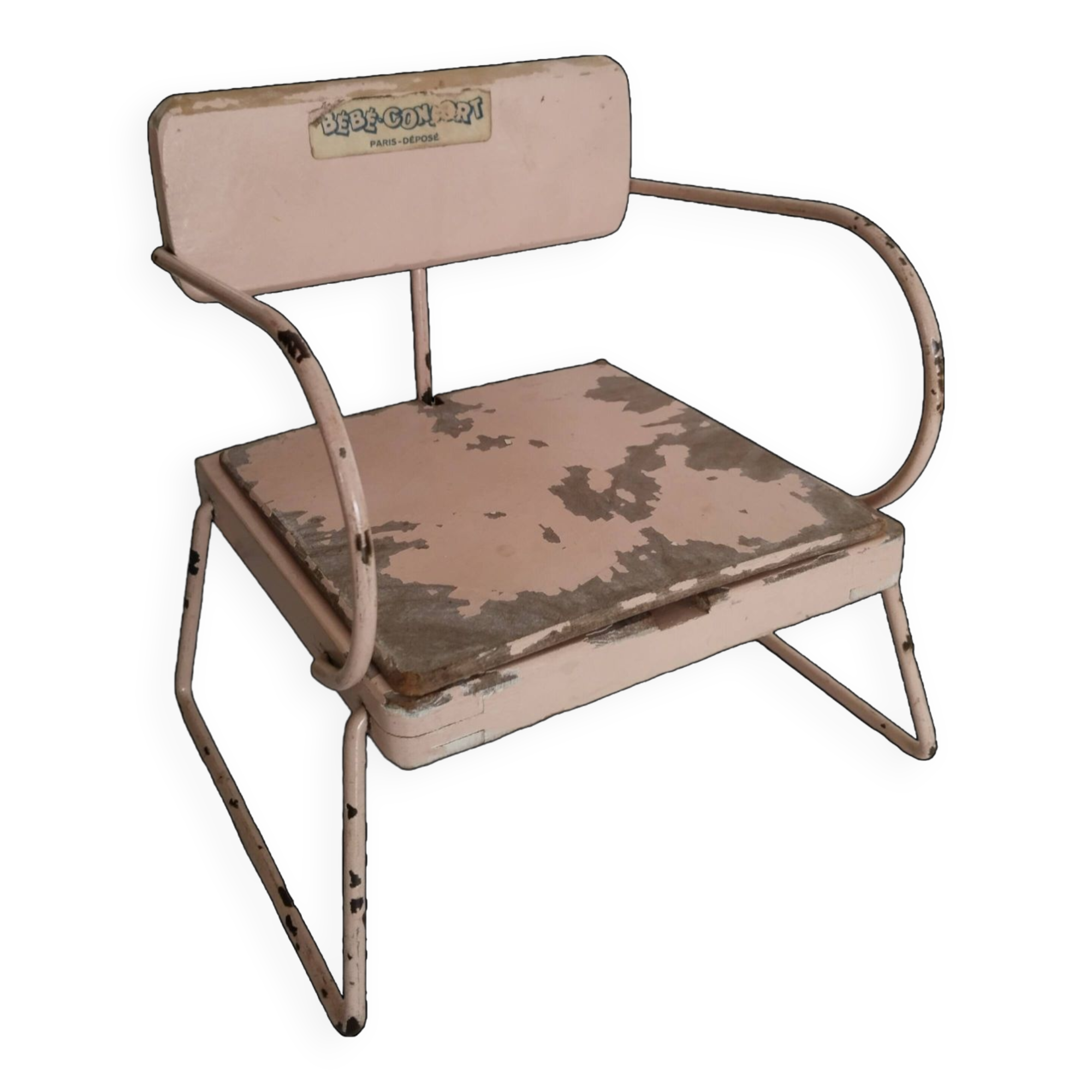 Vintage doll potty chair, wood and metal, pink, Bébéconfort