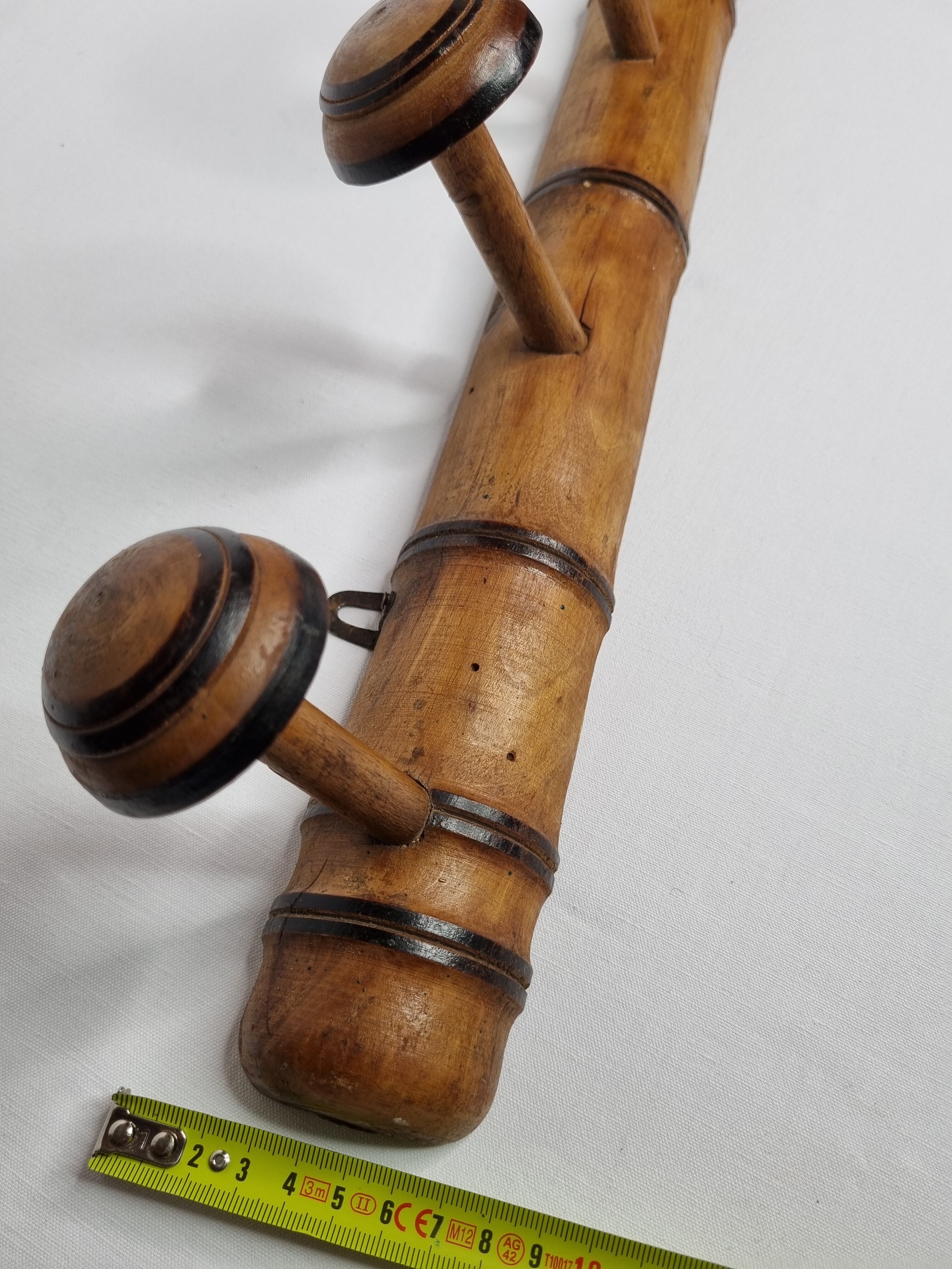 Old rustic wooden coat rack turned in imitation of bamboo 1900, 6 hooks