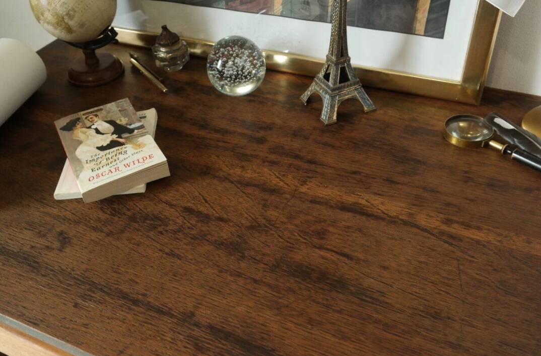 Vintage oak desk with its stool.