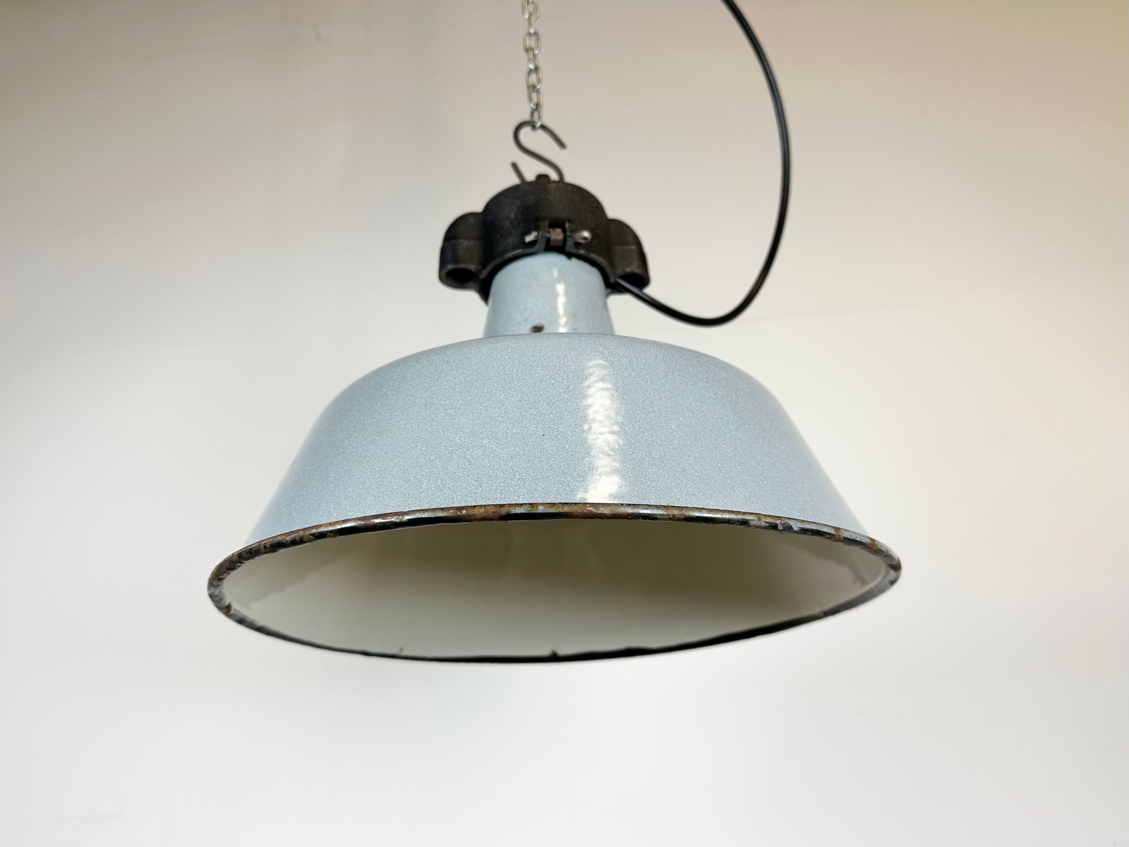 Industrial Grey Enamel Factory Lamp with Cast Iron Top, 1960s