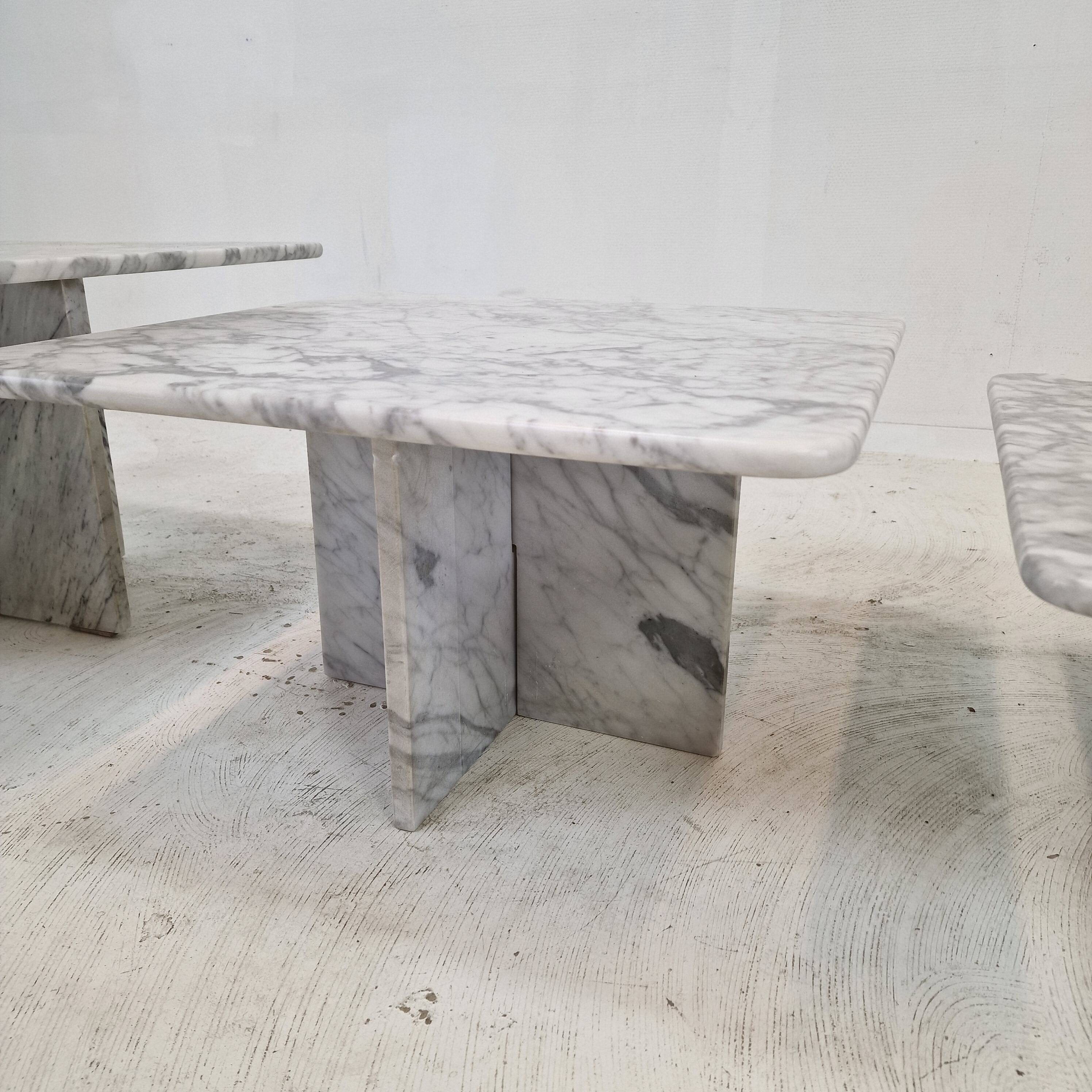 Set of 3 Italian Bianco Carrara Marble Coffee or Side Tables, 1980s