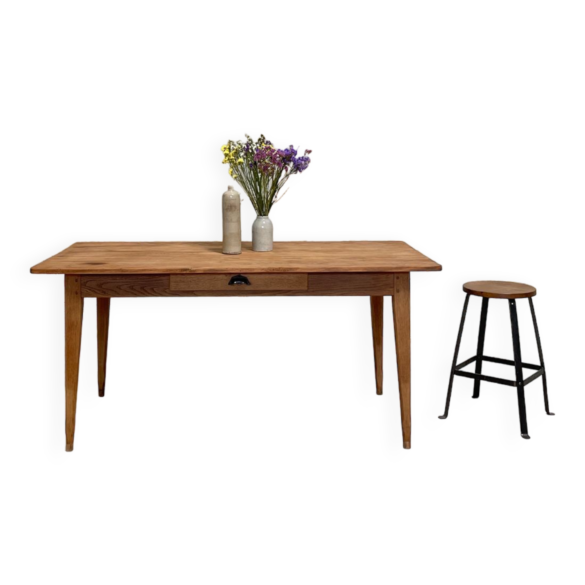 Vintage farmhouse table with spindle legs.