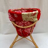 Bamboo worker rattan wicker around 50s-60s and red fabric color H -49cm X D-35cm-