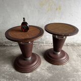 Set of 2 Art Nouveau dark brown wood side tables with natural rattan woven tops and metal details