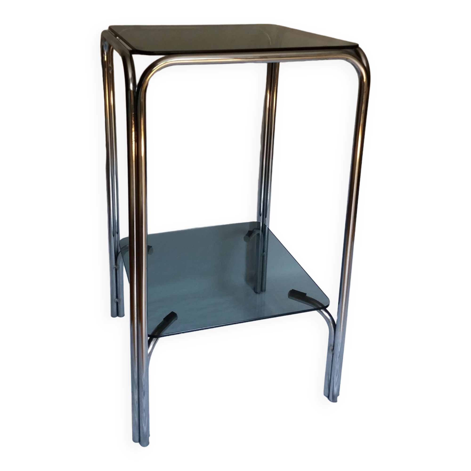 Console end table in chrome metal and smoked glass Space Age