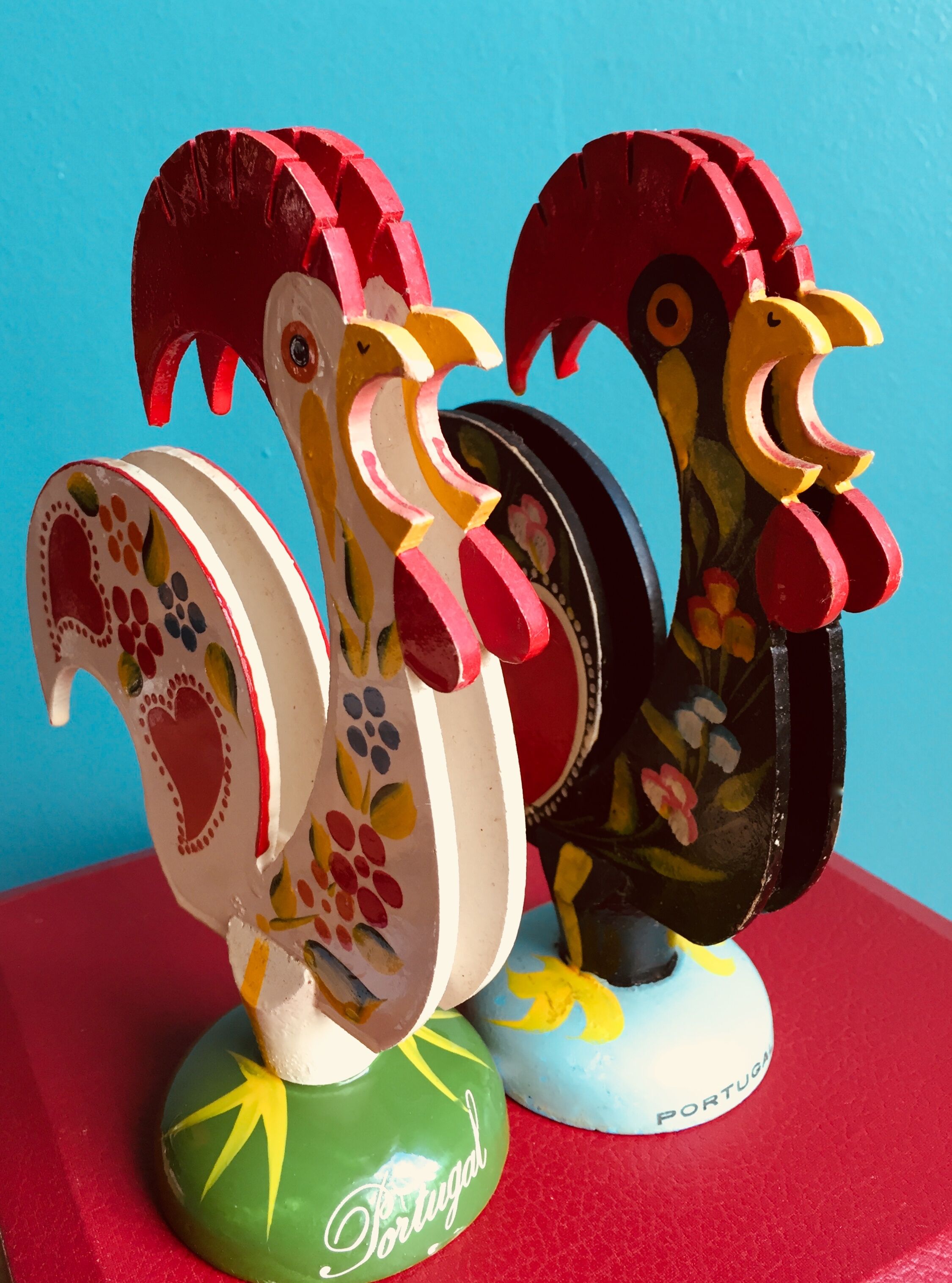 Retro wooden roosters vintage red green black and white Portugal