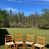 4 straw chairs in vintage pine wood 1980 1990
