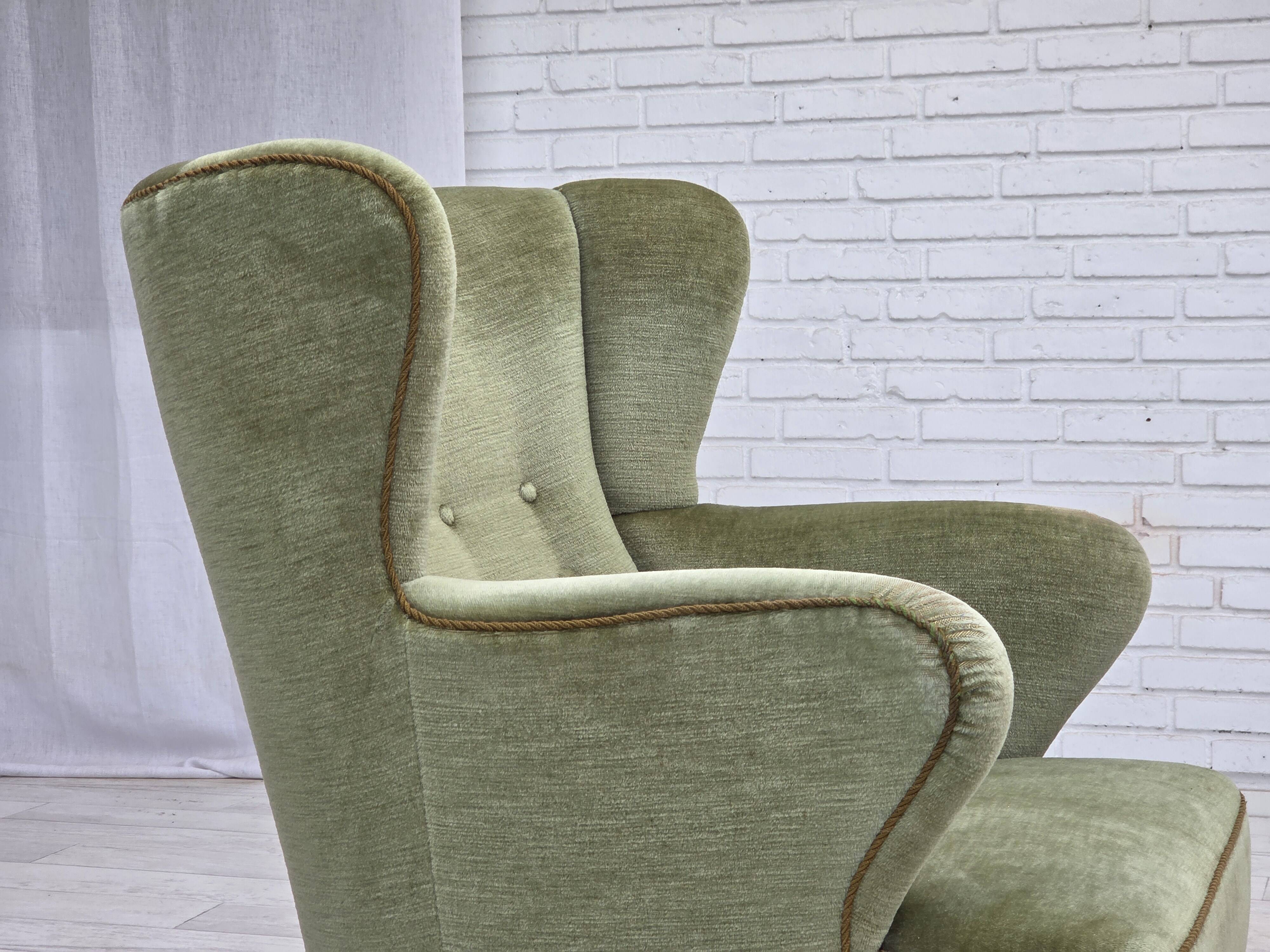 1960s, Scandinavian armchair, green furniture velour, oak wood legs.