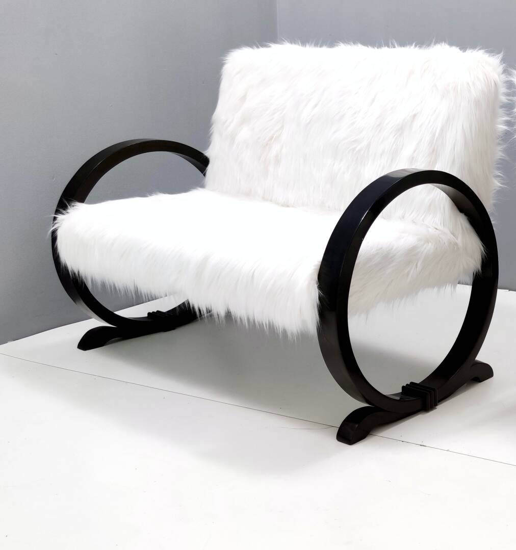Vintage White Faux Fur Sofa with Black Wooden Frame, Italy