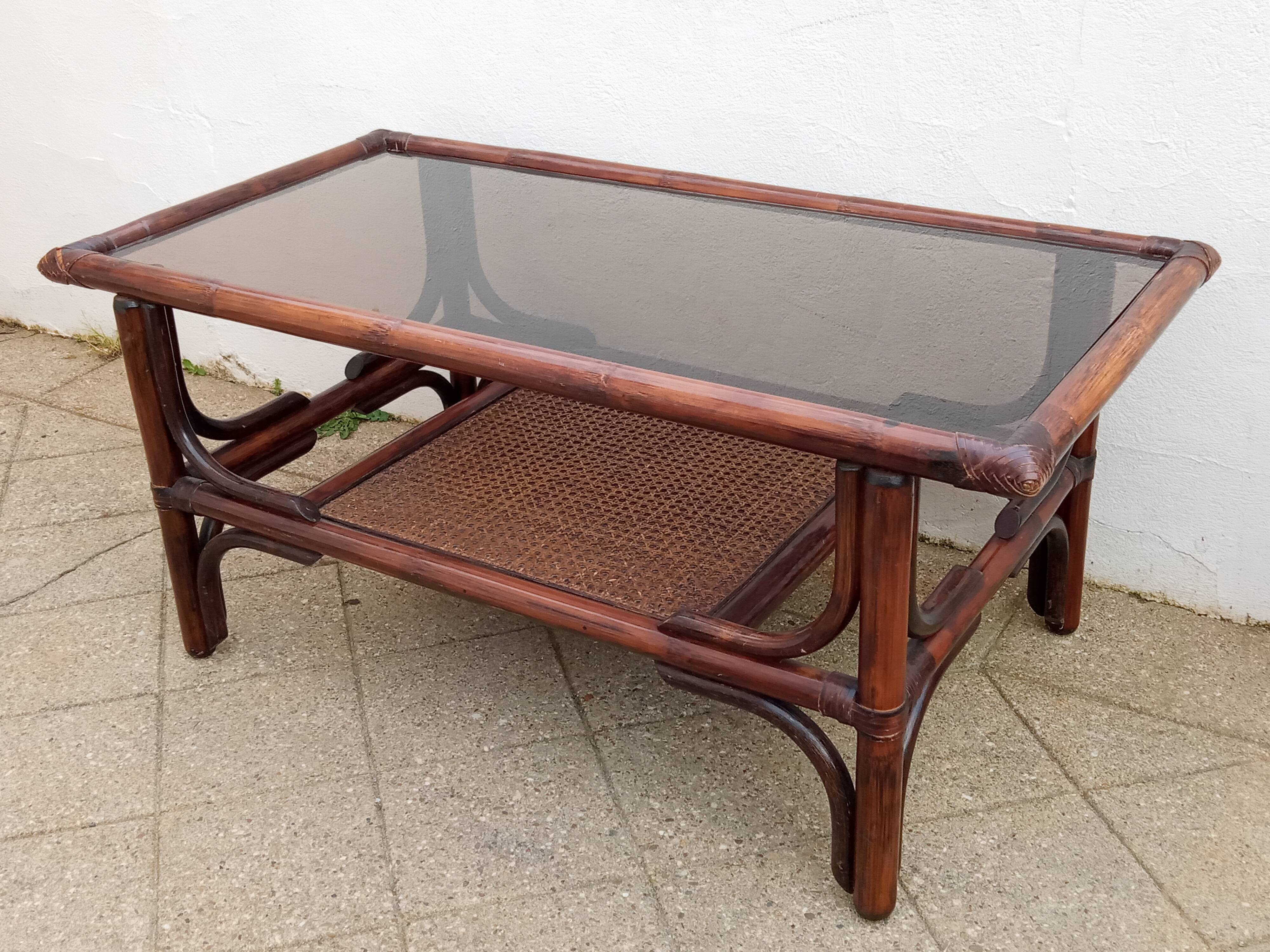 Vintage rattan coffee table and smoked glass