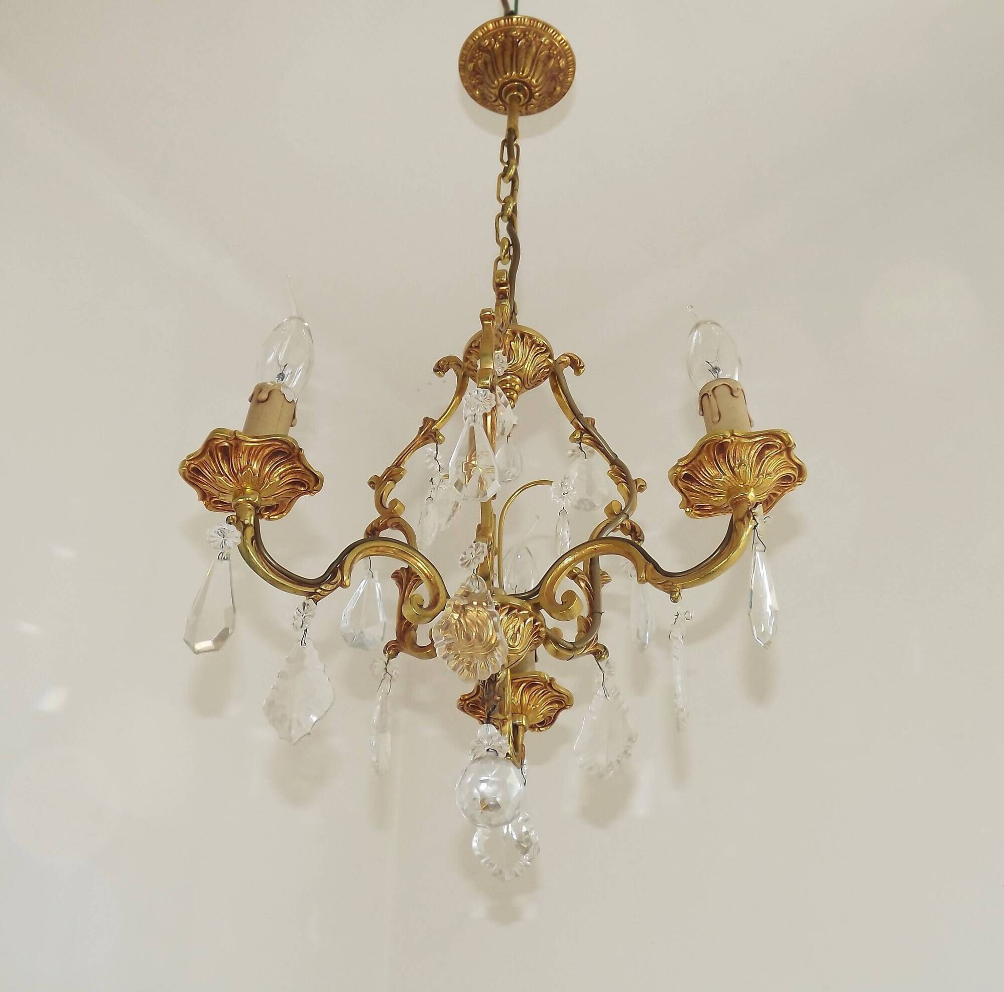 French Vintage Brass Mid Century 3 Light 3 Sided Crystal Cage Chandelier