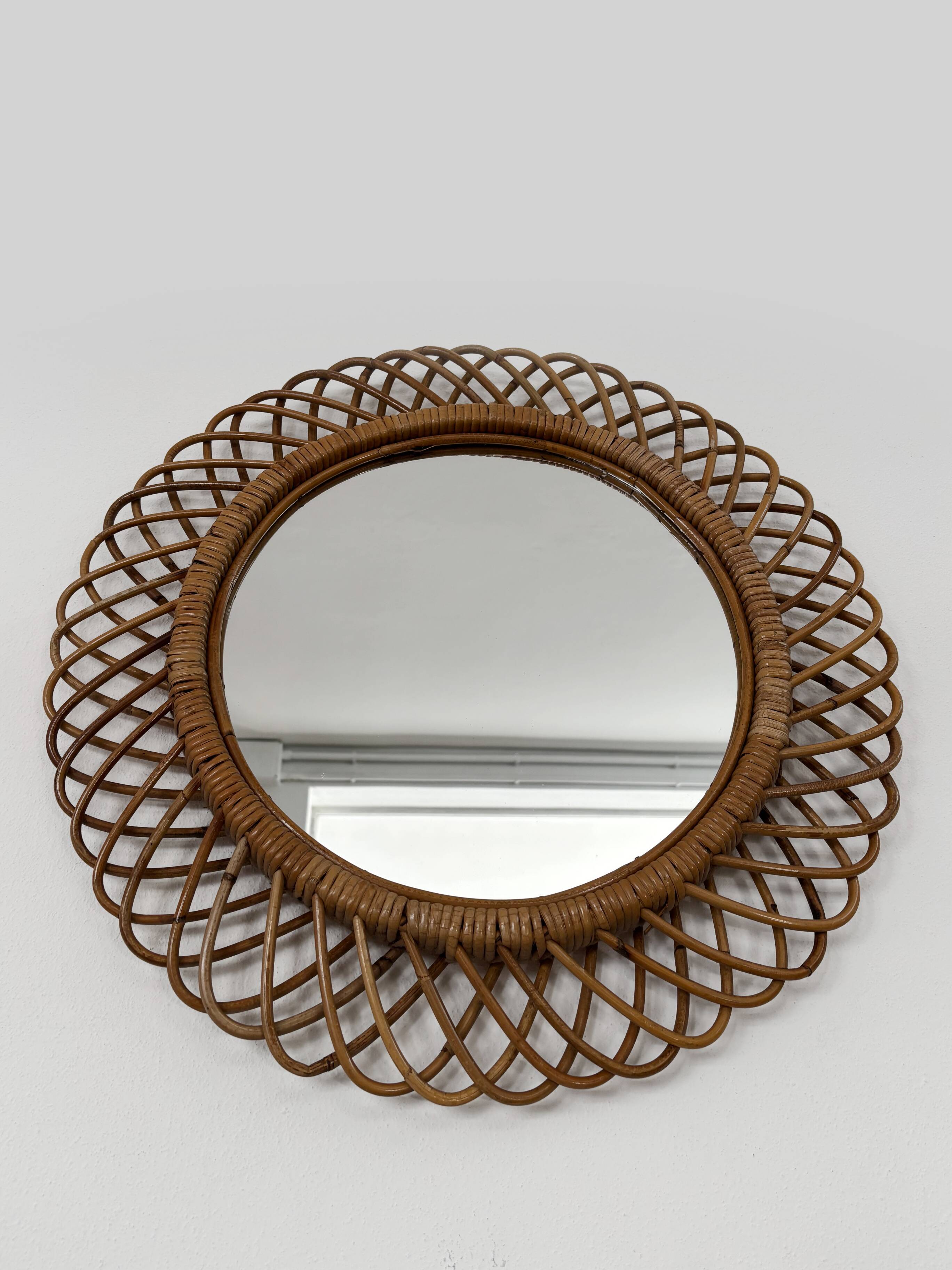 Italian Circle Rattan Bamboo Wall Mirror, 1960s