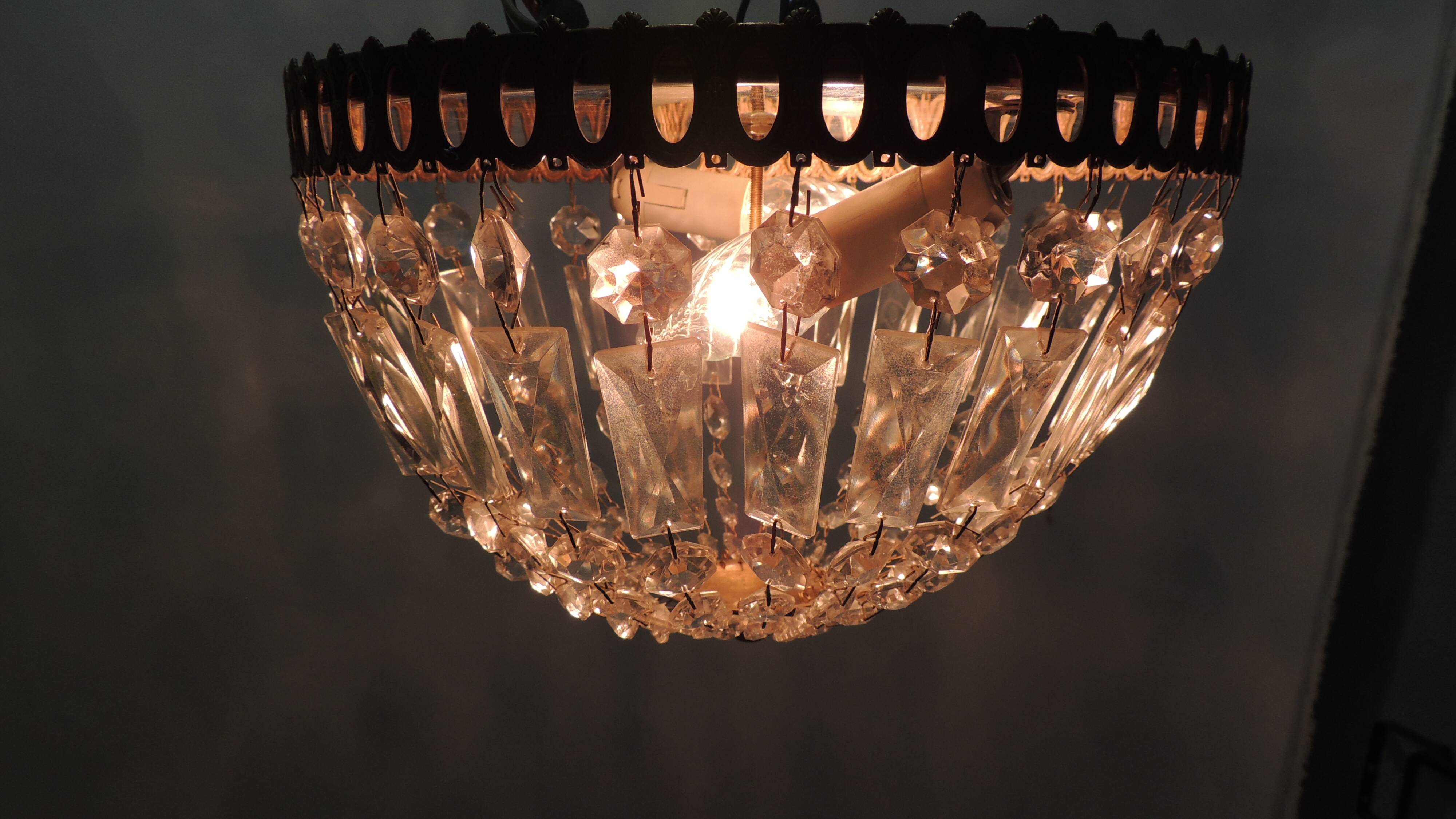 Antique crystal ceiling chandelier, Empire style, patinated gilt metal – pendant light