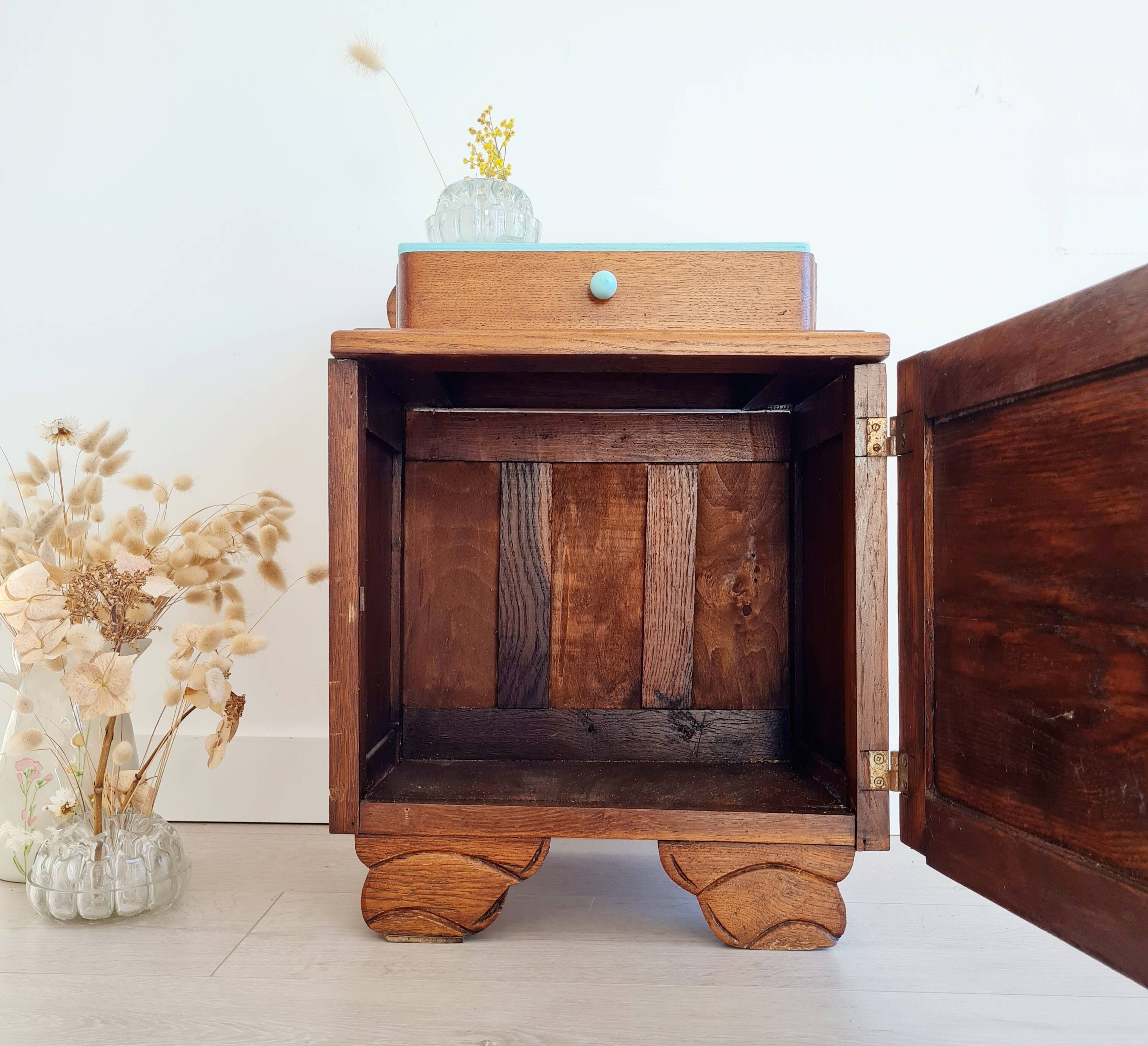 Art Deco bedside table in solid wood - blue top