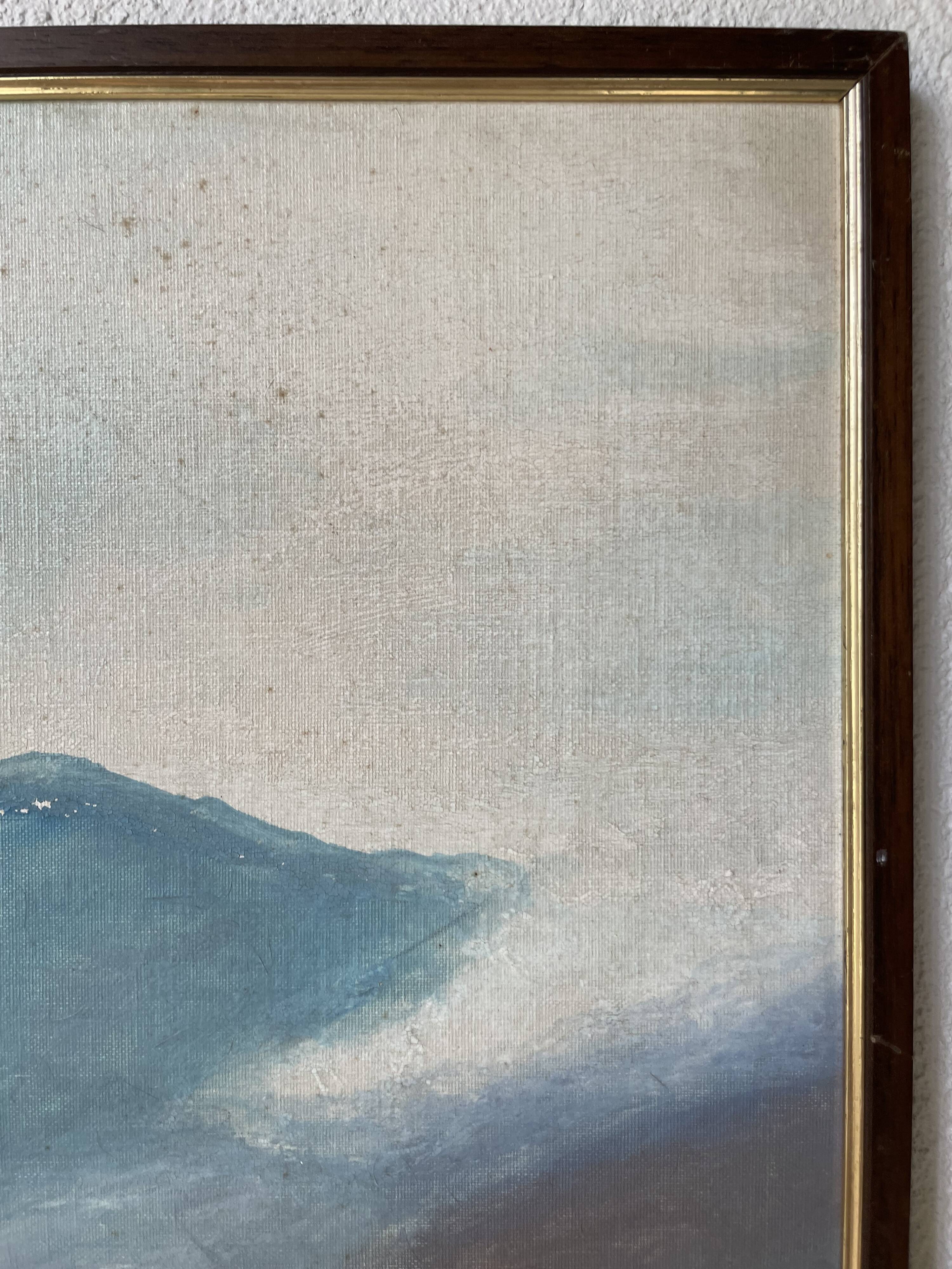 Oil painting on wood boats and lake 1977