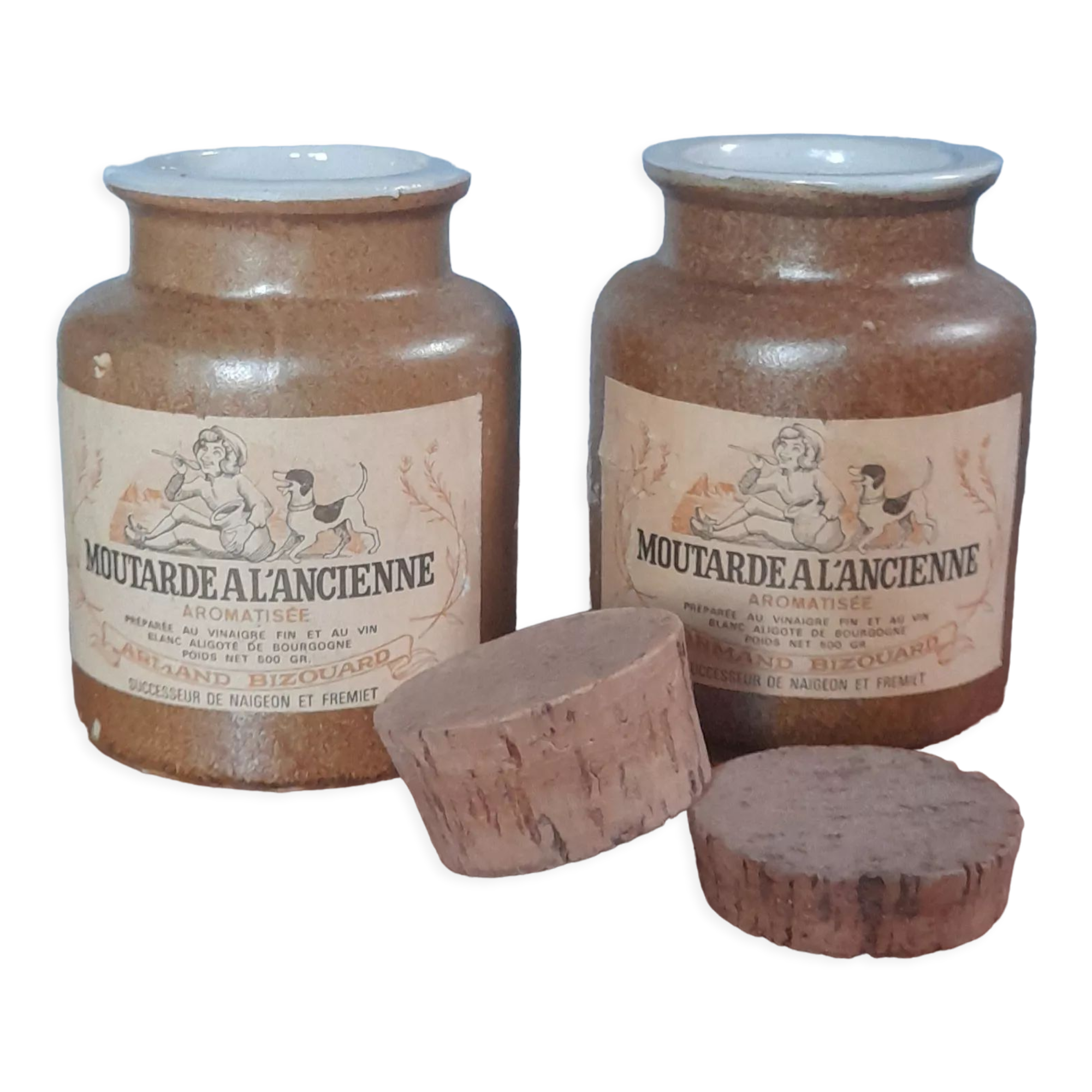 Duo of glazed stoneware mustard pots with label and corks, armand bizouard, amora, 1950