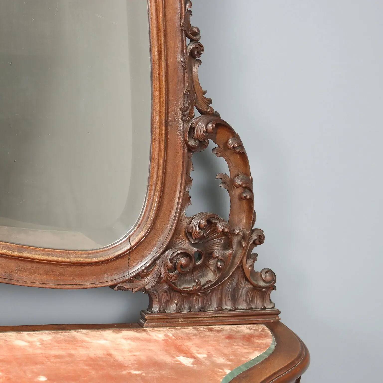 Antique console in mahogany, velvet and glass, Italy, 19th century.