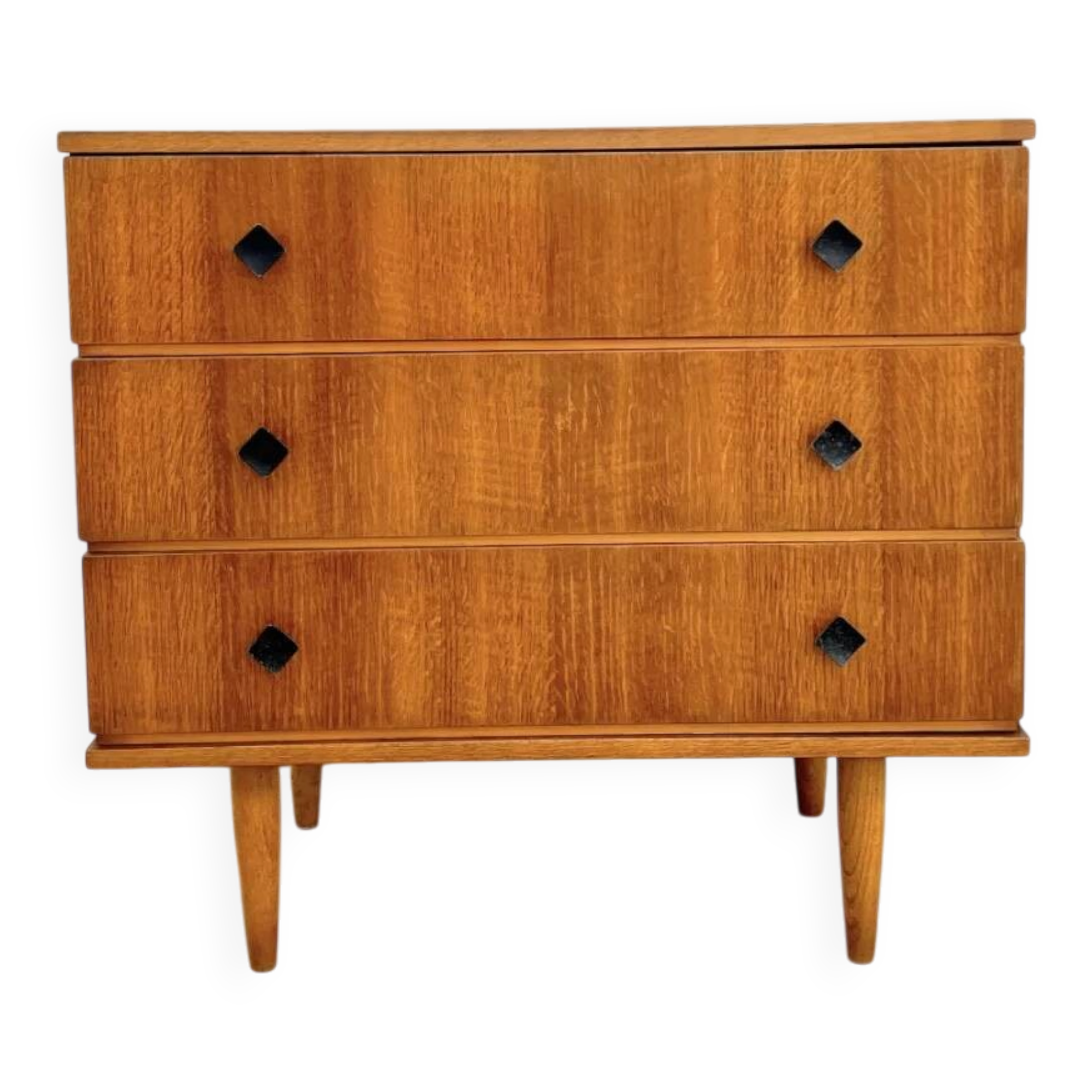 Scandinavian chest of drawers with 3 oak drawers, black knobs — 1960s