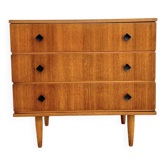 Commode scandinave 3 tiroirs en chêne, boutons noirs — années 60