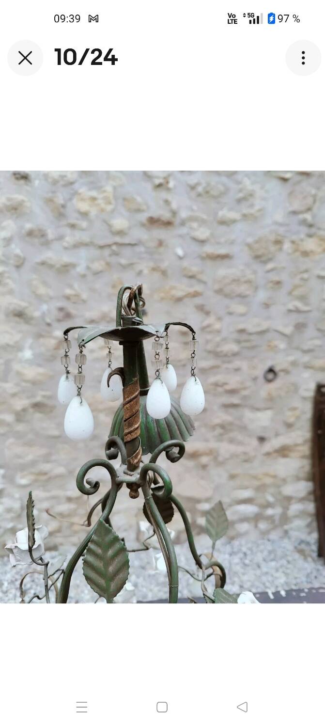 Italian cage chandelier decorated with ceramic roses and glass paste pendants
