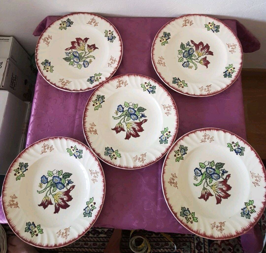 Set of 5 flat plates, signed Longwy.