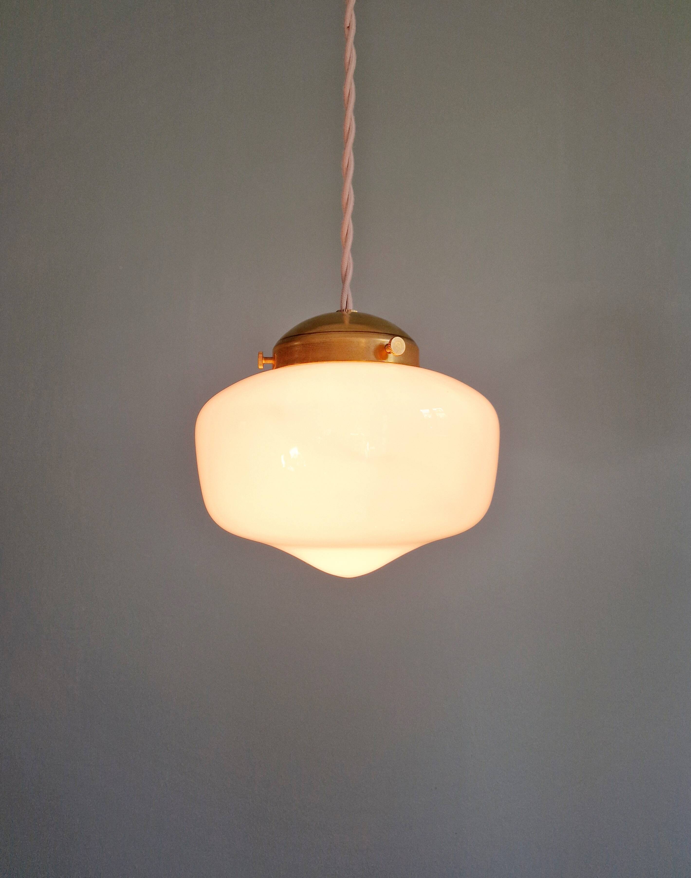 Art Deco pendant/portable lamp in conical white opaline glass, 1920s-30s