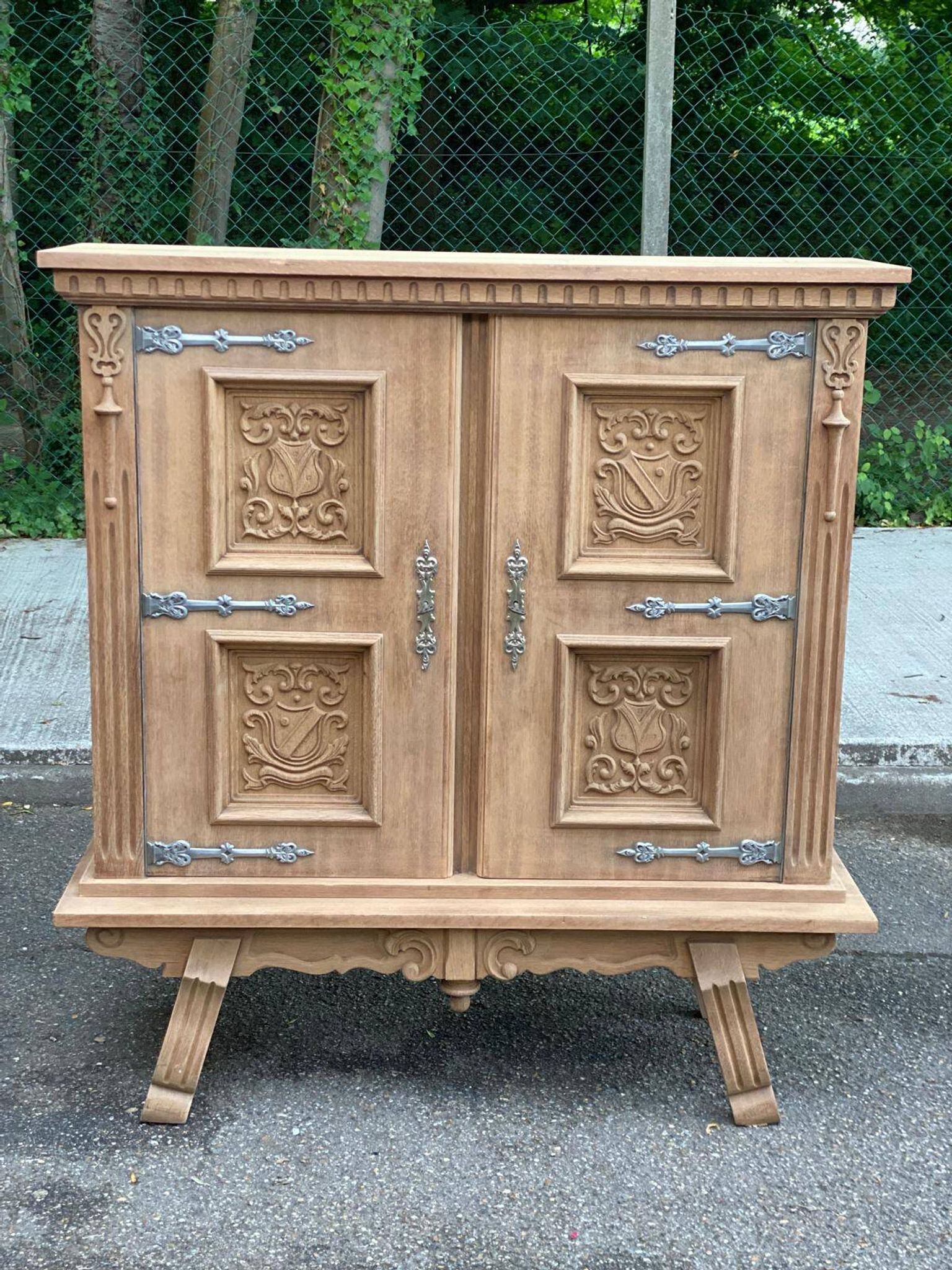 Renovated Spanish Renaissance oak buffet armoire from the 1930s.