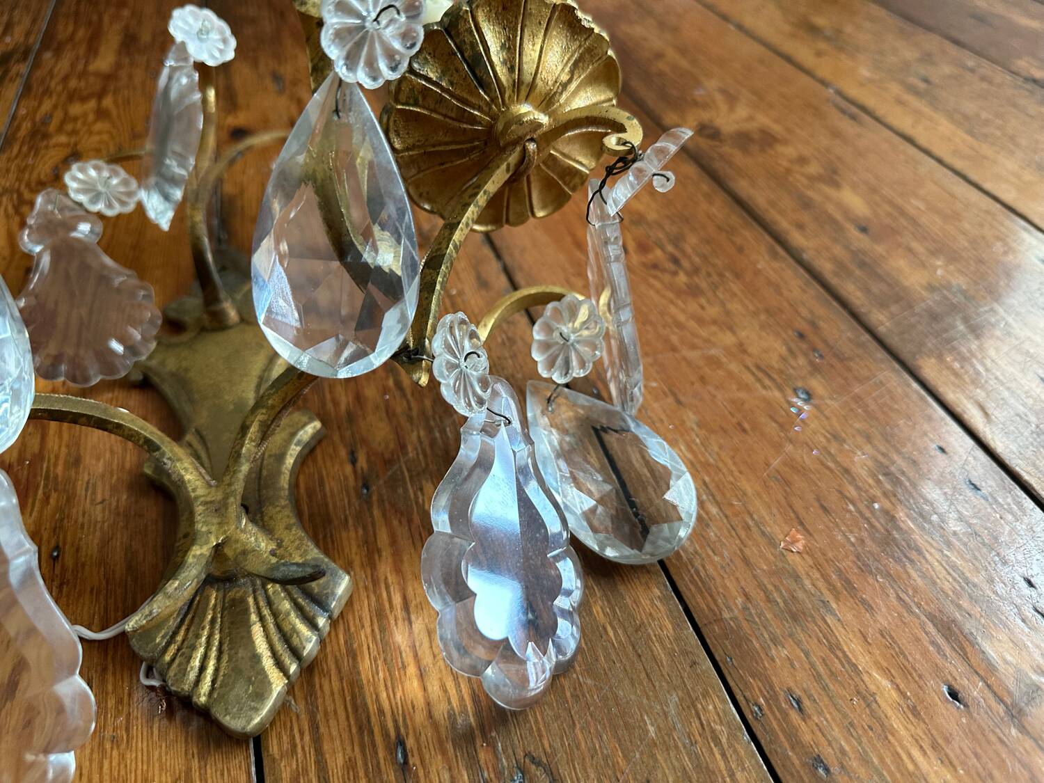 2 vintage bronze wall lights with pendants
