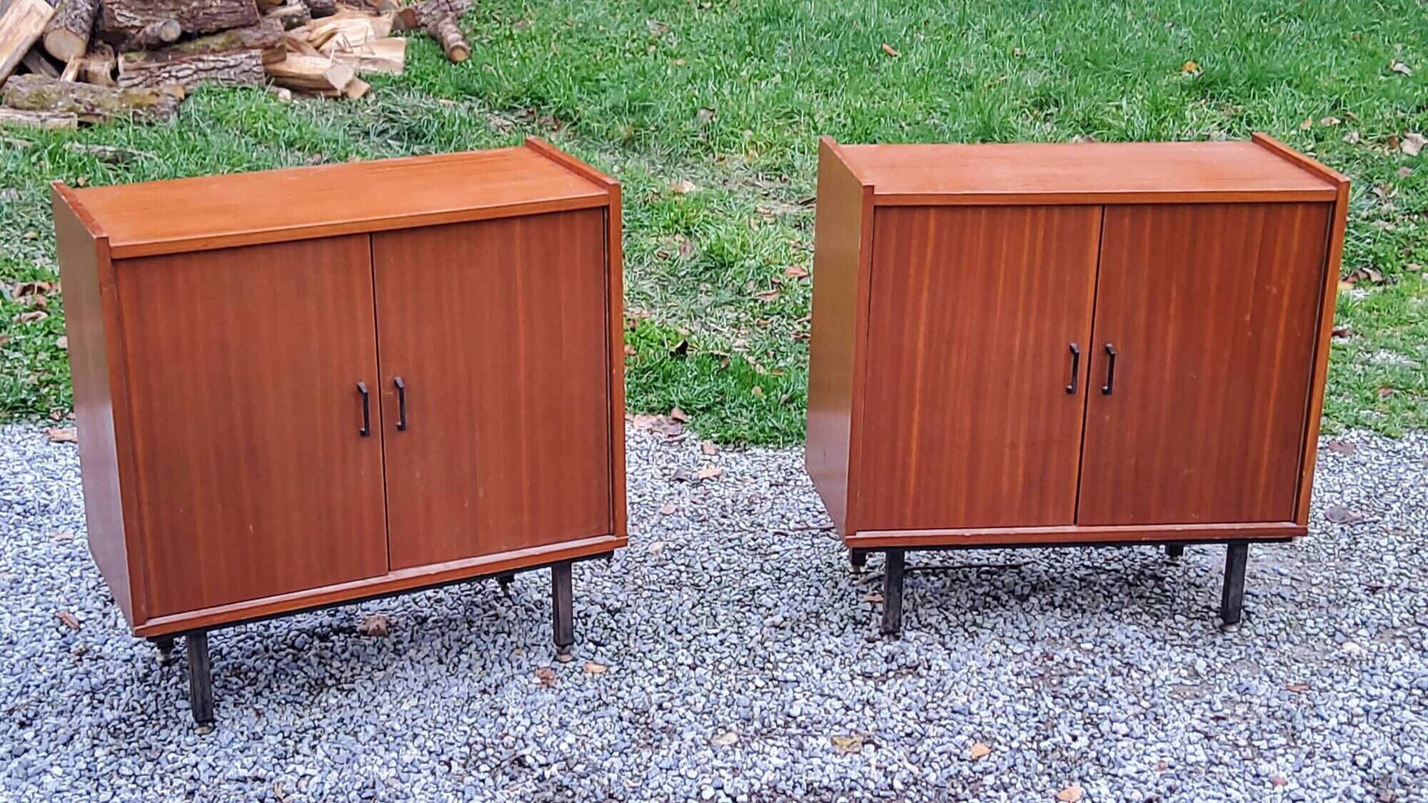 Pair of vintage mahogany sideboards with square metal legs from the 60s