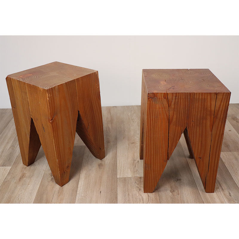 Pair of brutalist stools in solid fir