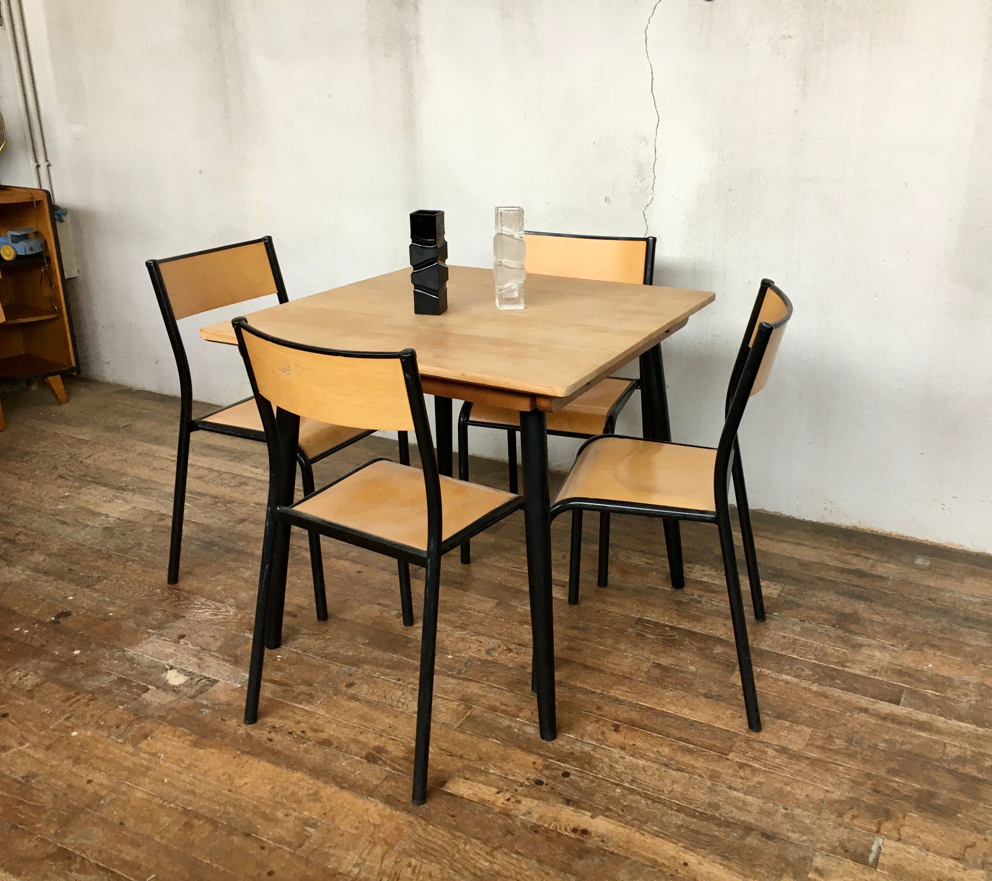 Vintage square table feet black compass tray solid beech