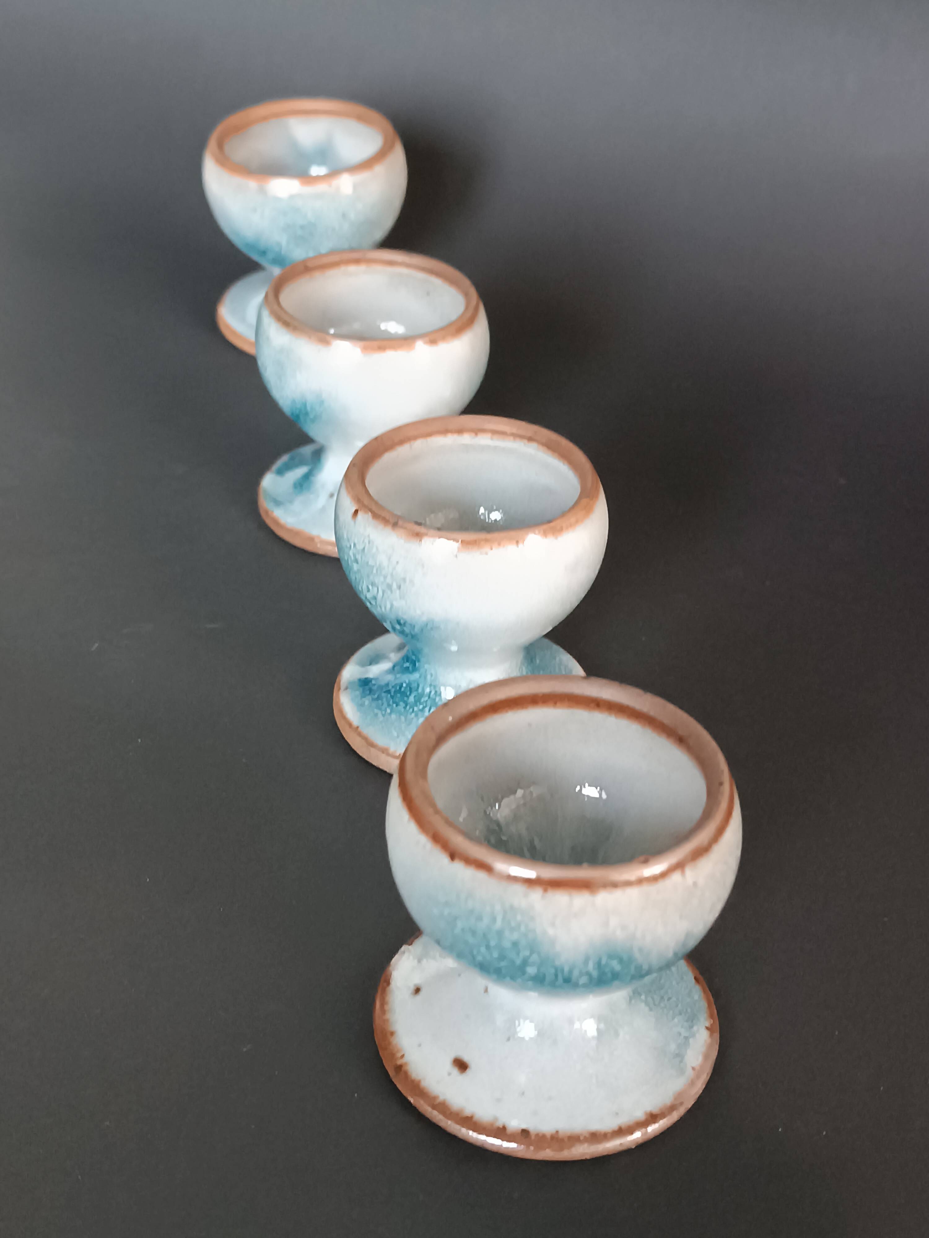 Four stoneware egg cups from Saint Amand pottery by Roger Jacques, vintage.
