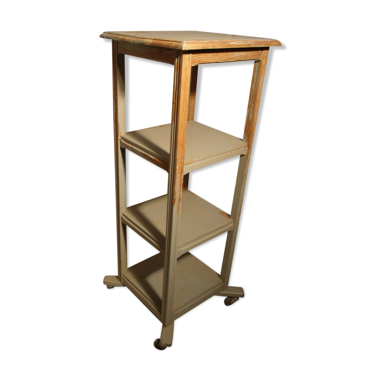 shabby wood side table on wheels