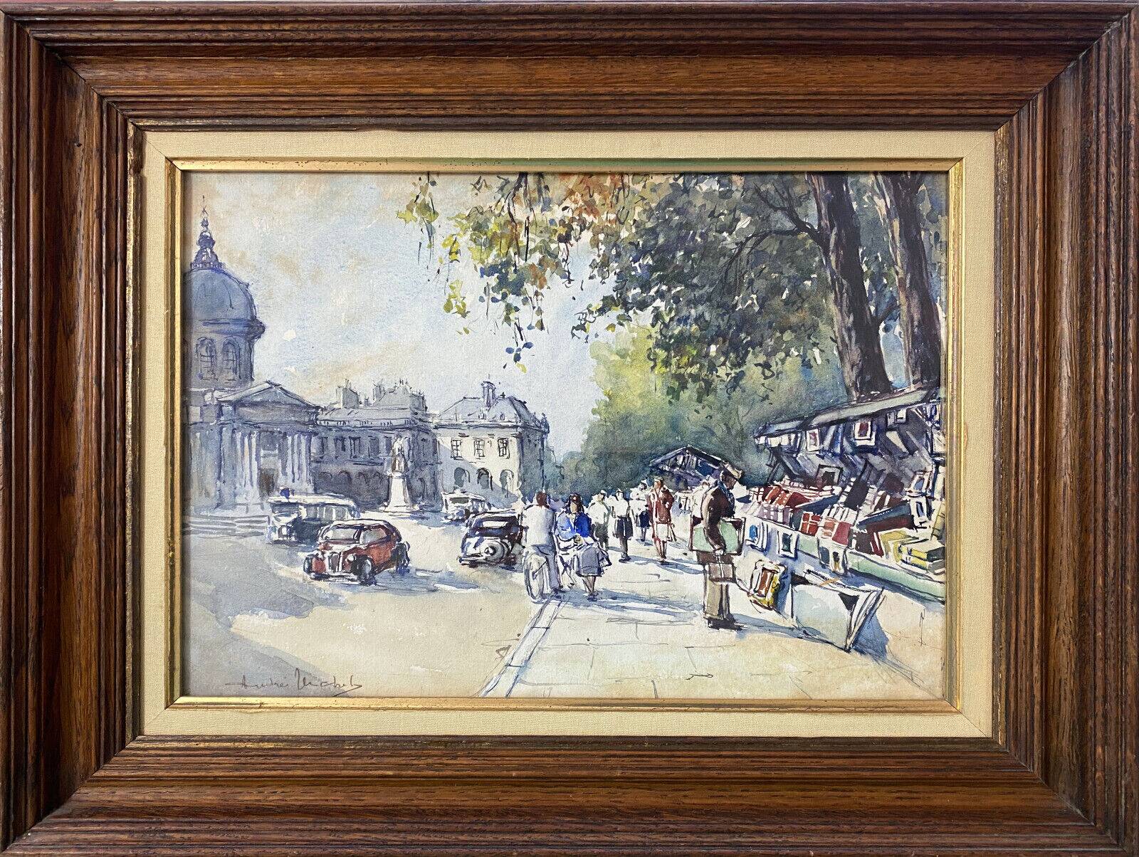 Painting "Bouquiniste - Quais de Seine" Paris Watercolor circa 1950 signed + frame