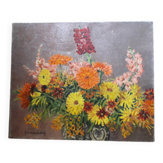 Old oil painting depicting a bouquet of flowers.