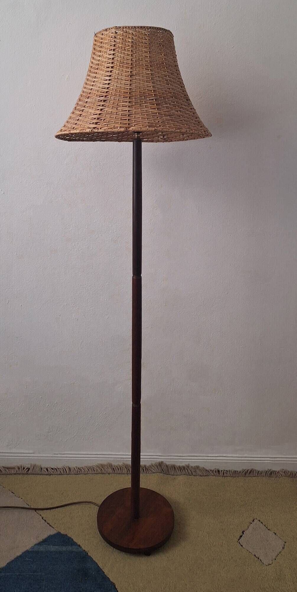 Rosewood mid century floor lamp with rattan shade, Sweden 1960s