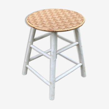 Vintage stool in wood and woven rattan