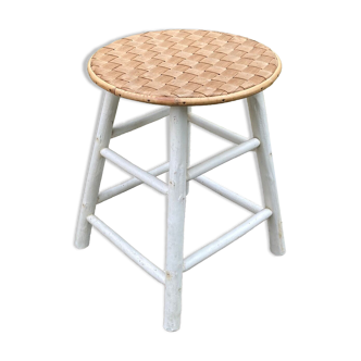 Tabouret vintage en bois et rotin tressé