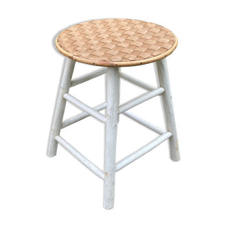Vintage stool in wood and woven rattan