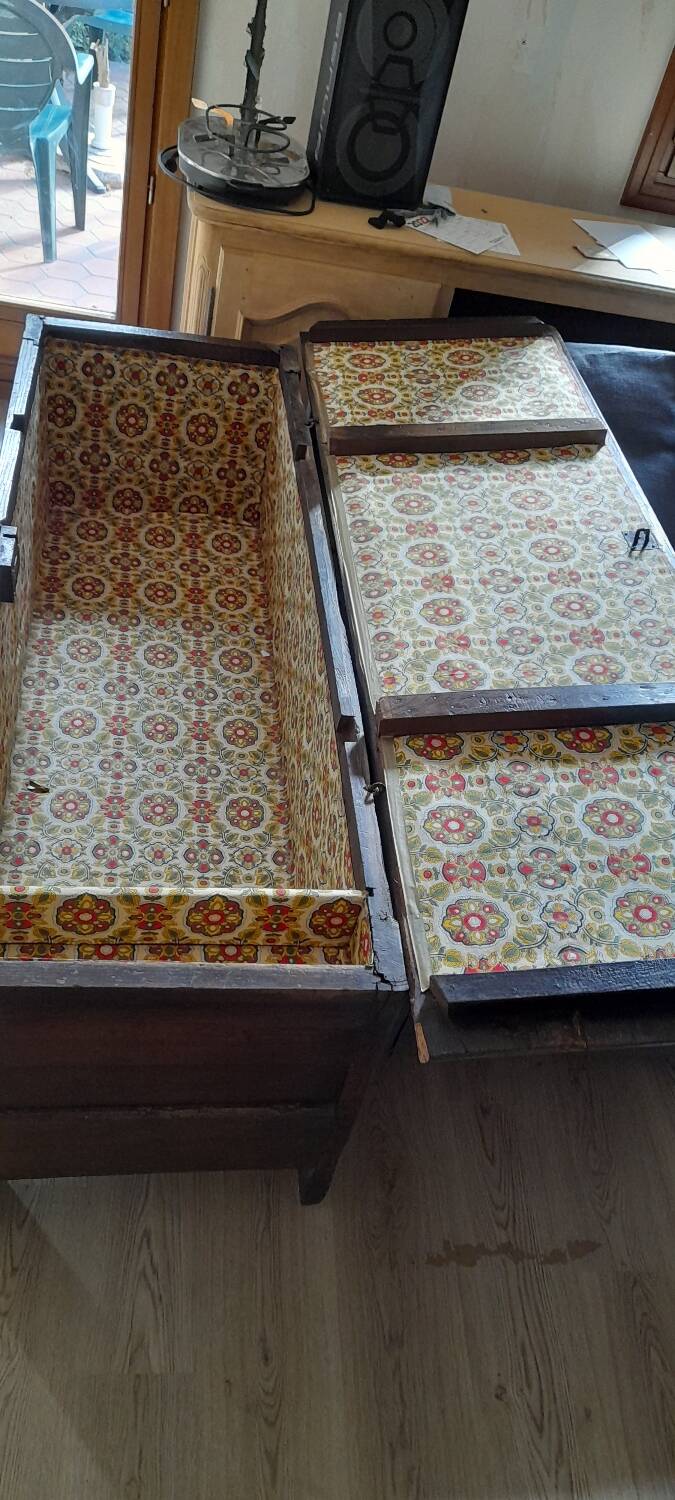 Old marquetry and solid wood chest